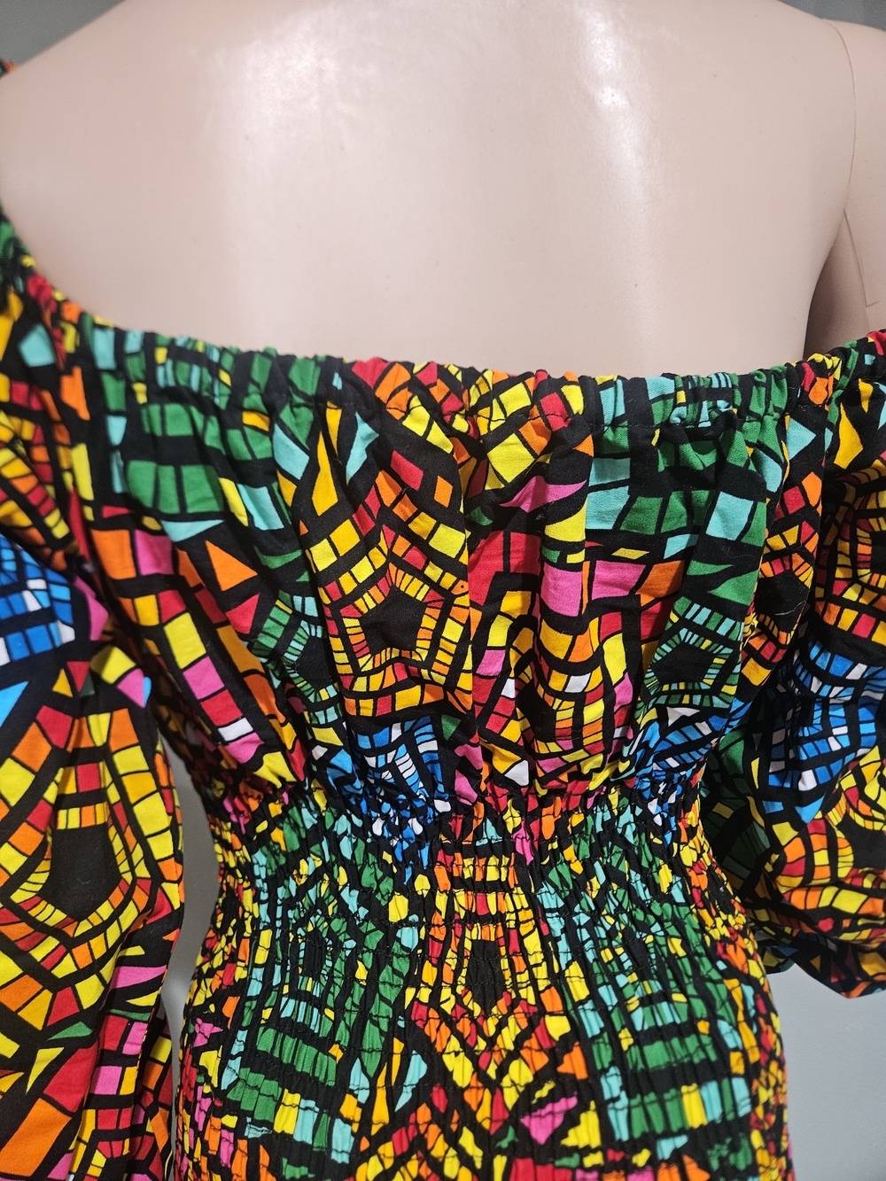 Awelana Tibori NWT Off Shoulder Smocked Mini Dress Colorful Mosaic Print - Picture 12 of 16
